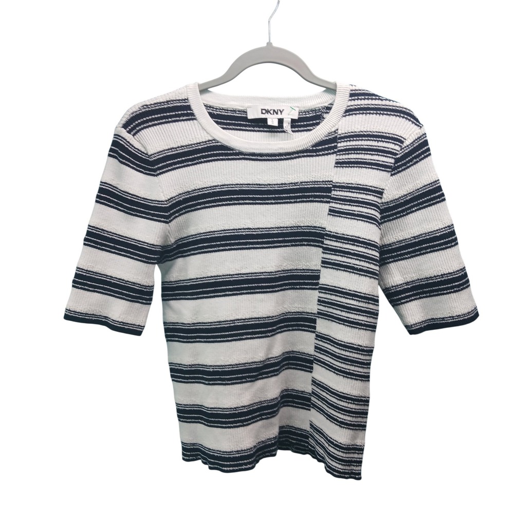 DKNY Womens Navy White Striped Ribbed Knit Short‎ Sleeve Top L Nautical Preppy